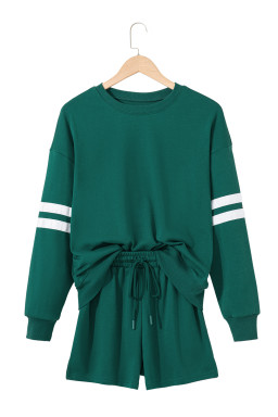 Evergreen Varsity Striped Sleeve Drop Shoulder Sweatshirt and Shorts Set