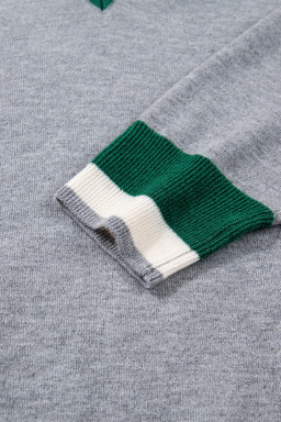 Gray Contrast Striped Trim V Neck Knit Sweater