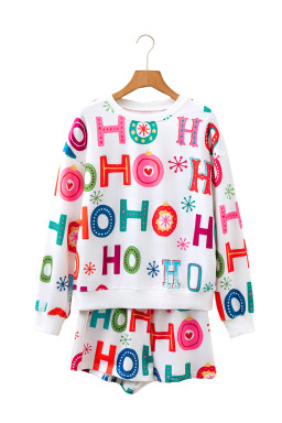 White Ho Ho Ho Letter Graphic Christmas Pajama Set