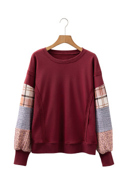 Red Sandalwood Plaid Patchwork Sleeve Raw Seam Sweatshirt