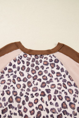 Parchment Leopard Colorblock Patchwork Twist Ribbed Plus Size Baggy Pullover