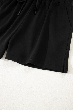 Black Varsity Striped Sleeve Drop Shoulder Sweatshirt and Shorts Set