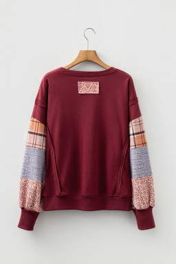 Red Sandalwood Plaid Patchwork Sleeve Raw Seam Sweatshirt
