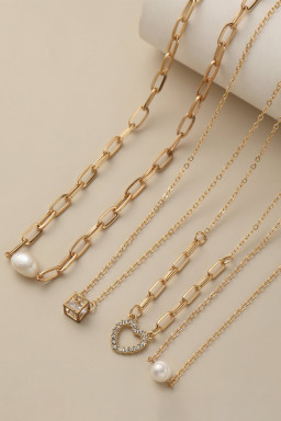 Gold 4pcs Pearl Cube Heart Pendant Chain Necklace Set