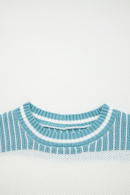 Light Blue Two Tone Striped Patchwork Drop Shoulder Sweater