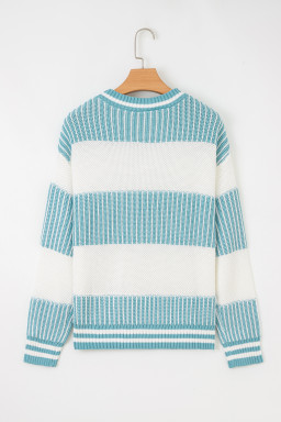 Light Blue Two Tone Striped Patchwork Drop Shoulder Sweater