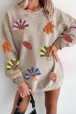 Smoke Gray Ribbed Fall Leaf Turkey Graphic Sequins Patch Baggy Sweatshirt