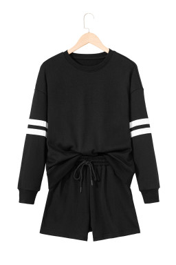 Black Varsity Striped Sleeve Drop Shoulder Sweatshirt and Shorts Set