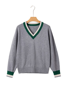 Gray Contrast Striped Trim V Neck Knit Sweater