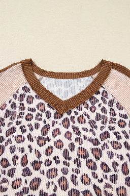 Parchment Leopard Colorblock Patchwork Twist Ribbed Plus Size Baggy Pullover