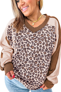 Parchment Leopard Colorblock Patchwork Twist Ribbed Plus Size Baggy Pullover
