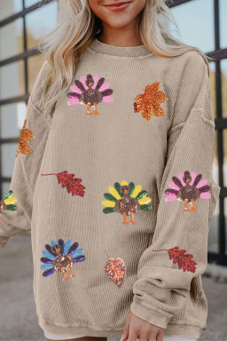Smoke Gray Ribbed Fall Leaf Turkey Graphic Sequins Patch Baggy Sweatshirt