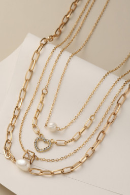 Gold 4pcs Pearl Cube Heart Pendant Chain Necklace Set