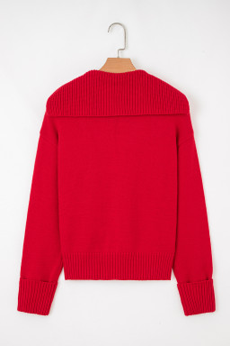 Racing Red Ribbed Edge Collared V Neck Loose Fit Sweater