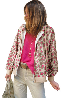 Rose Leopard Print Zip Up Hooded Sweatshirt