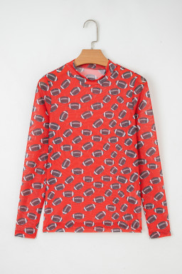 Red Game Day Football Mesh Sheer Long Sleeve Top
