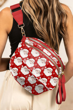 Fiery Red Father Christmas Print Double Zip Holiday Crossbody Bag
