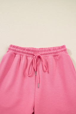 Pink Solid Color Zip Up Hoodie Drawstring Loose Pants Set