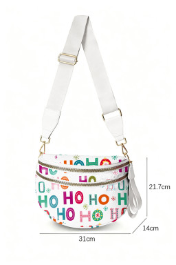 White HO HO HO Print Double Zip Crossbody Bag