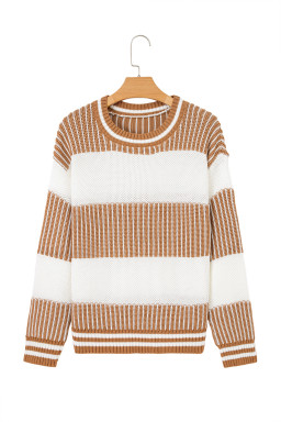 Khaki Two Tone Striped Patchwork Drop Shoulder Sweater
