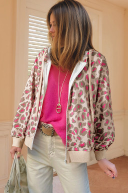 Rose Leopard Print Zip Up Hooded Sweatshirt