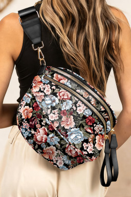 Black Floral Print Multi Pocket Crossbody Bag