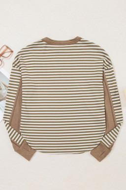 Khaki Stripe Patchwork Knit Drop Shoulder Top