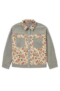 Medium Grey Corduroy Floral Patchwork Vintage Jacket