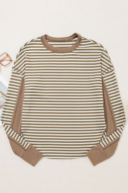 Khaki Stripe Patchwork Knit Drop Shoulder Top