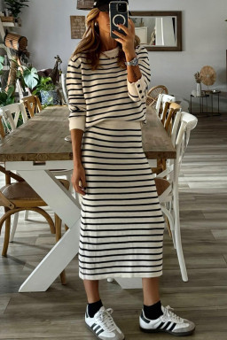 Black Stripe Ribbed Trim Button Cuff Top and Midi Skirt Outfit