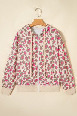 Rose Leopard Print Zip Up Hooded Sweatshirt