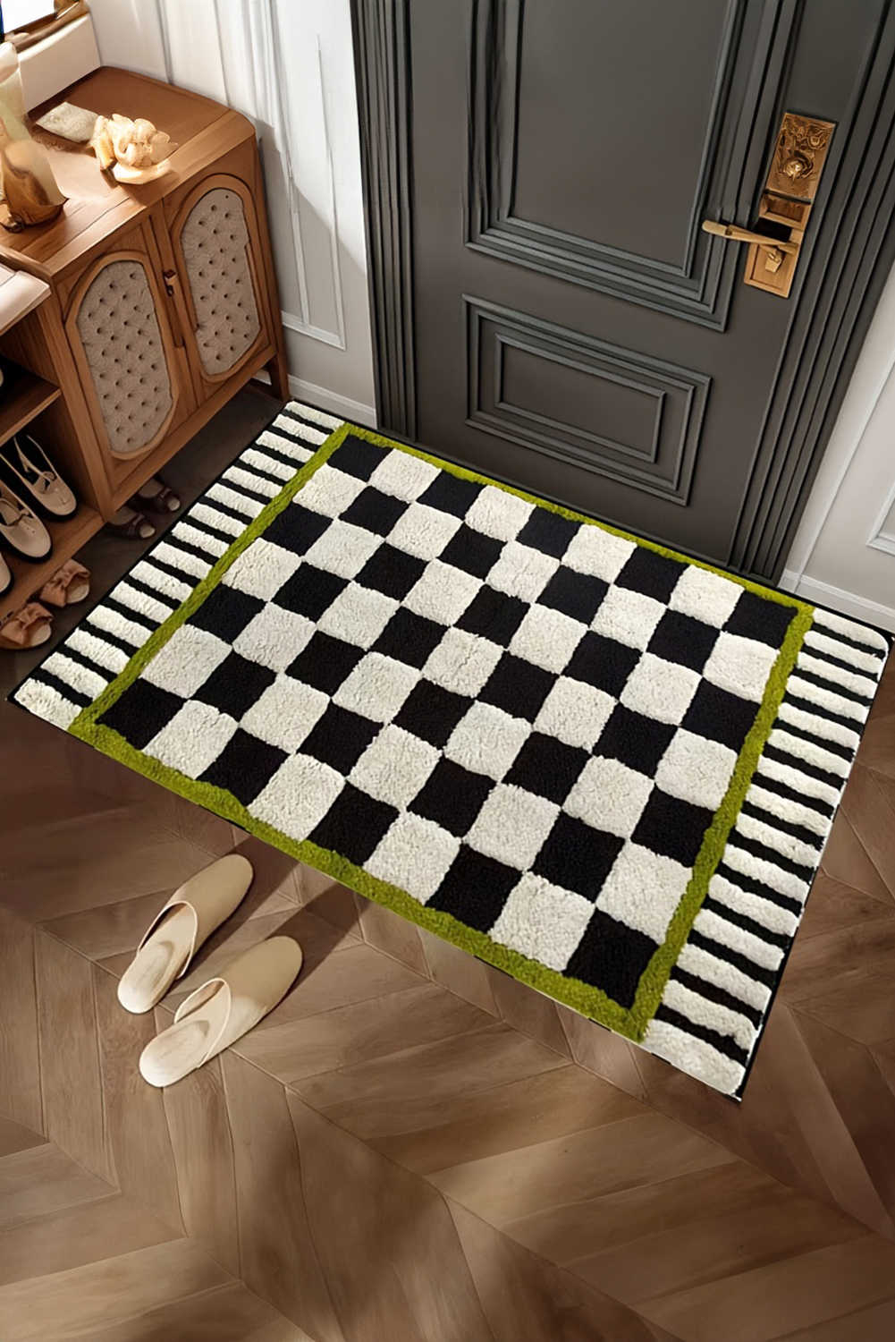 Spinach Green Checkered Striped Fluffy Colorblock Entrance Mat