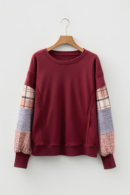 Red Sandalwood Plaid Patchwork Sleeve Raw Seam Sweatshirt