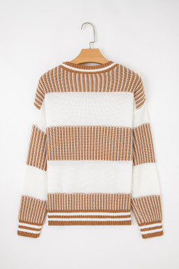 Khaki Two Tone Striped Patchwork Drop Shoulder Sweater