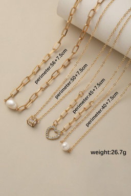 Gold 4pcs Pearl Cube Heart Pendant Chain Necklace Set