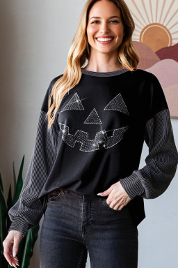 Black Halloween Rhinestone Pumpkin Contrast Ribbed Patchwork Top