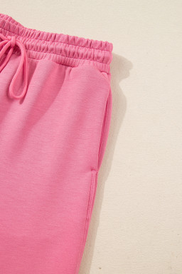 Pink Solid Color Zip Up Hoodie Drawstring Loose Pants Set