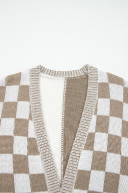Brown Checkered Open Front Drop Shoulder Cardigan