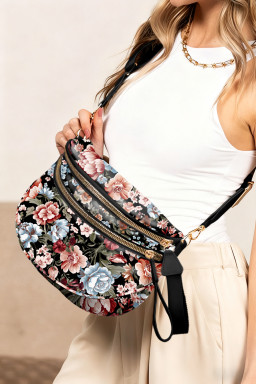 Black Floral Print Multi Pocket Crossbody Bag
