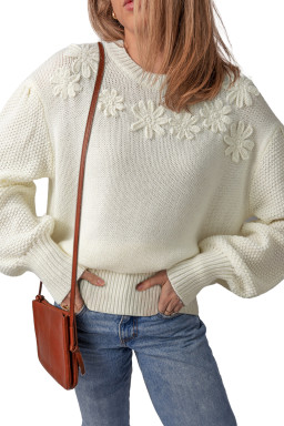 White Flower Detail Round Neck Contrast Textured Puff Sleeve Sweater
