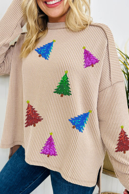 Parchment Christmas Tree Sequins Patch Exposed Seam Ribbed Long Sleeve Top