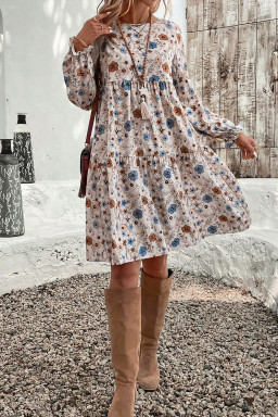 Khaki Floral Print Puff Sleeve Tiered Dress