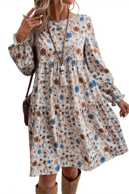 Khaki Floral Print Puff Sleeve Tiered Dress