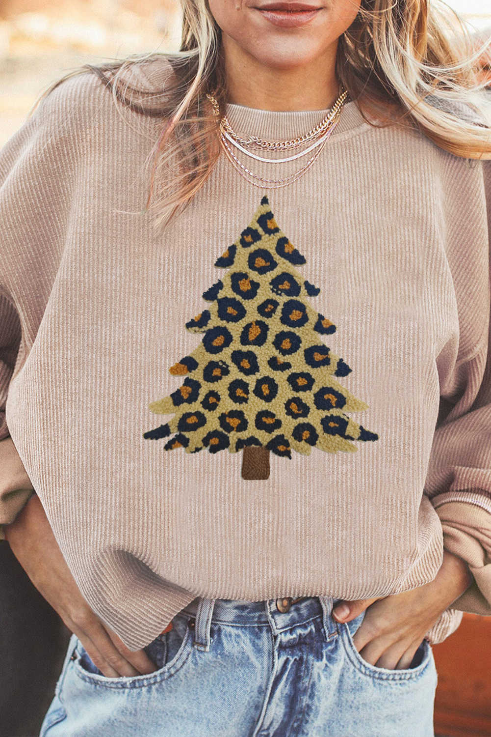 Apricot Leopard Christmas Tree Terry Flocking Corded Sweatshirt