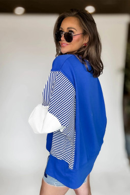 Dark Blue Striped Patchwork Sleeve Colorblock Sweatshirt