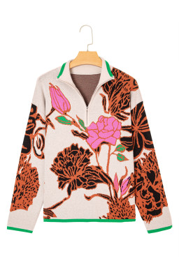 Khaki Contrast Trim Floral Pattern Quarter Zip Stand Neck Sweater