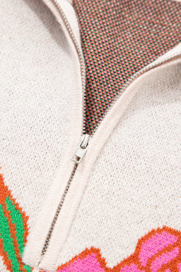 Khaki Contrast Trim Floral Pattern Quarter Zip Stand Neck Sweater