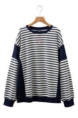 Blue Stripe Contrast Stitched Detail Color Block Patchwork Plus Size Sweatshirt