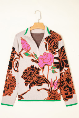 Khaki Contrast Trim Floral Pattern Quarter Zip Stand Neck Sweater