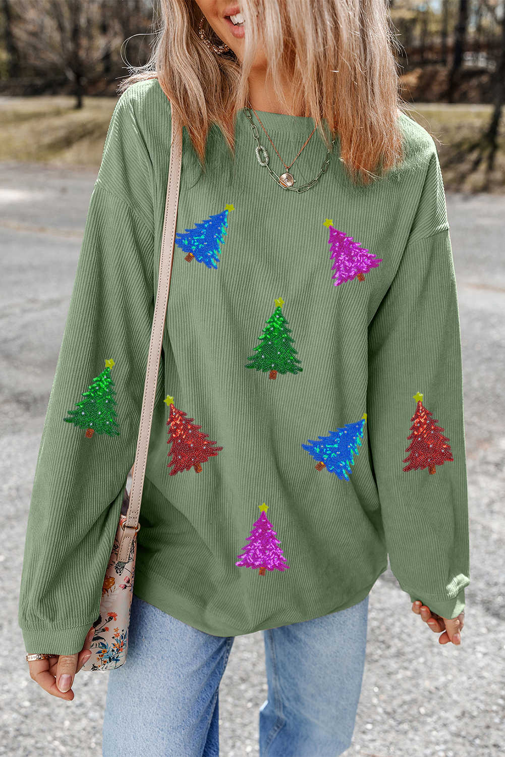 Grass Green Christmas Tree Sequins Patch Corded Baggy Sweatshirt